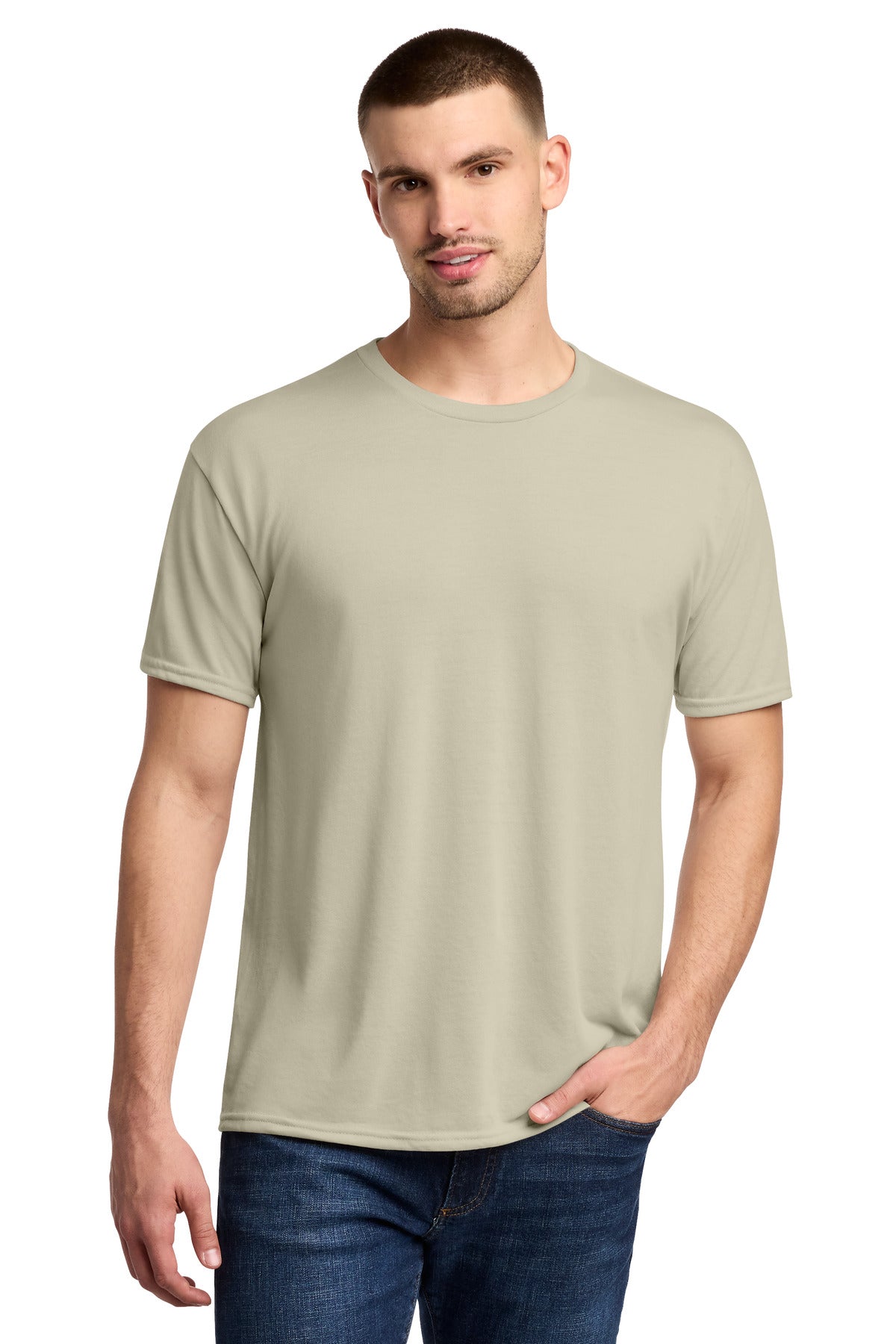 Front View of Putty Jerzees Dri-Power 100% Polyester T-Shirt. 21M plain