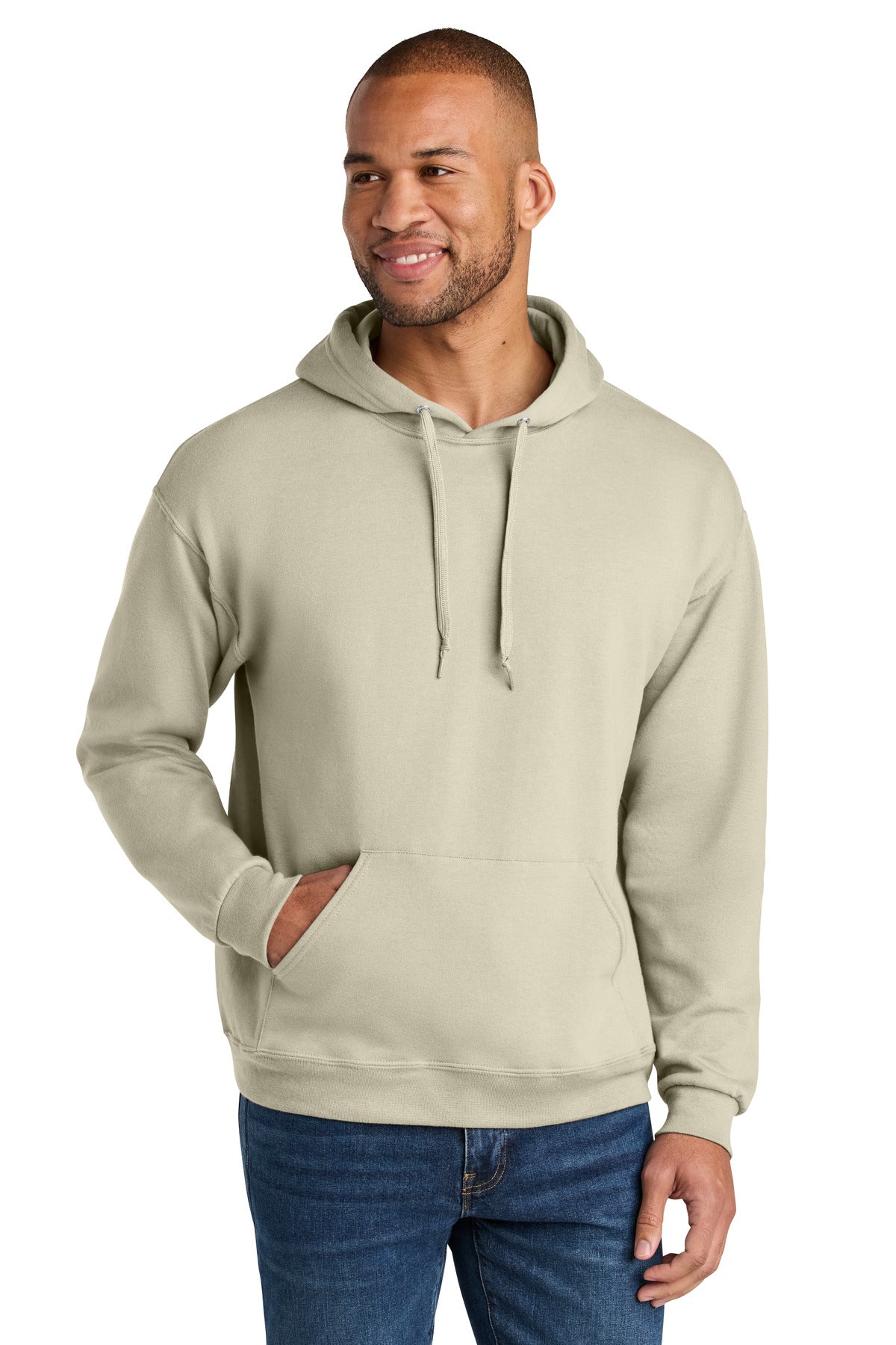 Front View of Putty Jerzees Ultimate Unisex CVC Ring Spun Hooded Sweatshirt IC49M plain