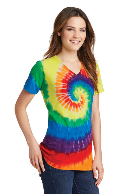 Front View of Rainbow Port & Co Women's Tie-Dye V-Neck Tee. LPC147V plain