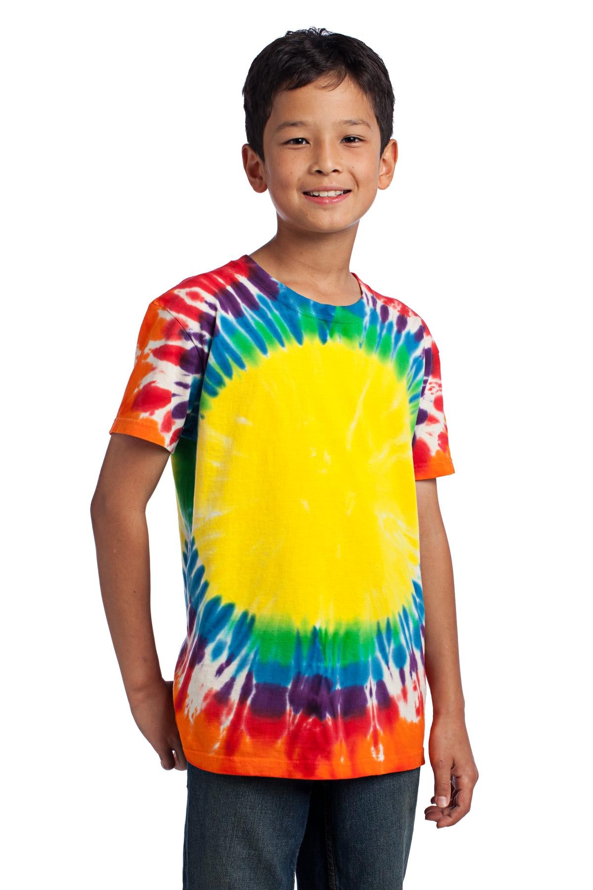 Front View of Rainbow Port & Co Youth Window Tie-Dye Tee. PC149Y plain