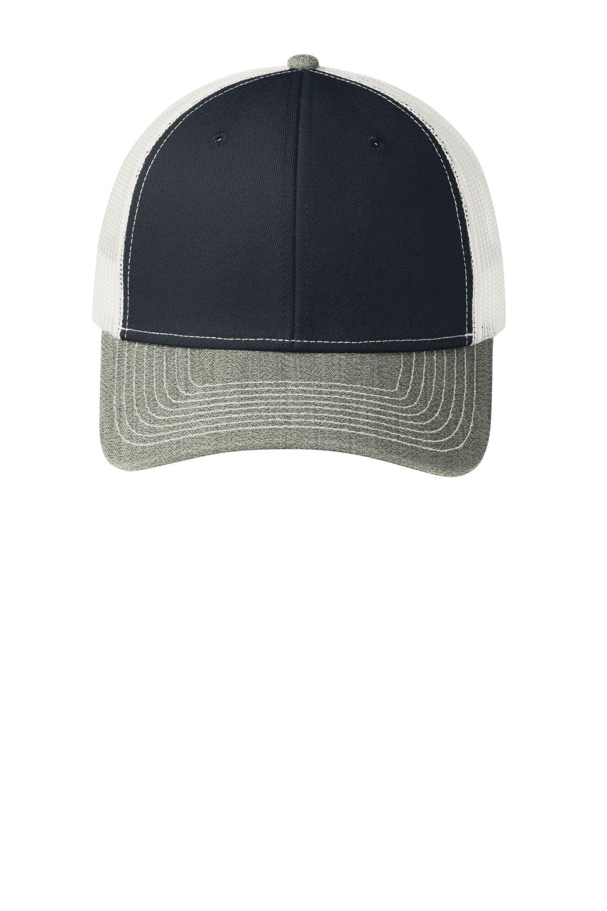 Front View of RcN/HtGy/W Port Authority Snapback Trucker Cap. C402 plain