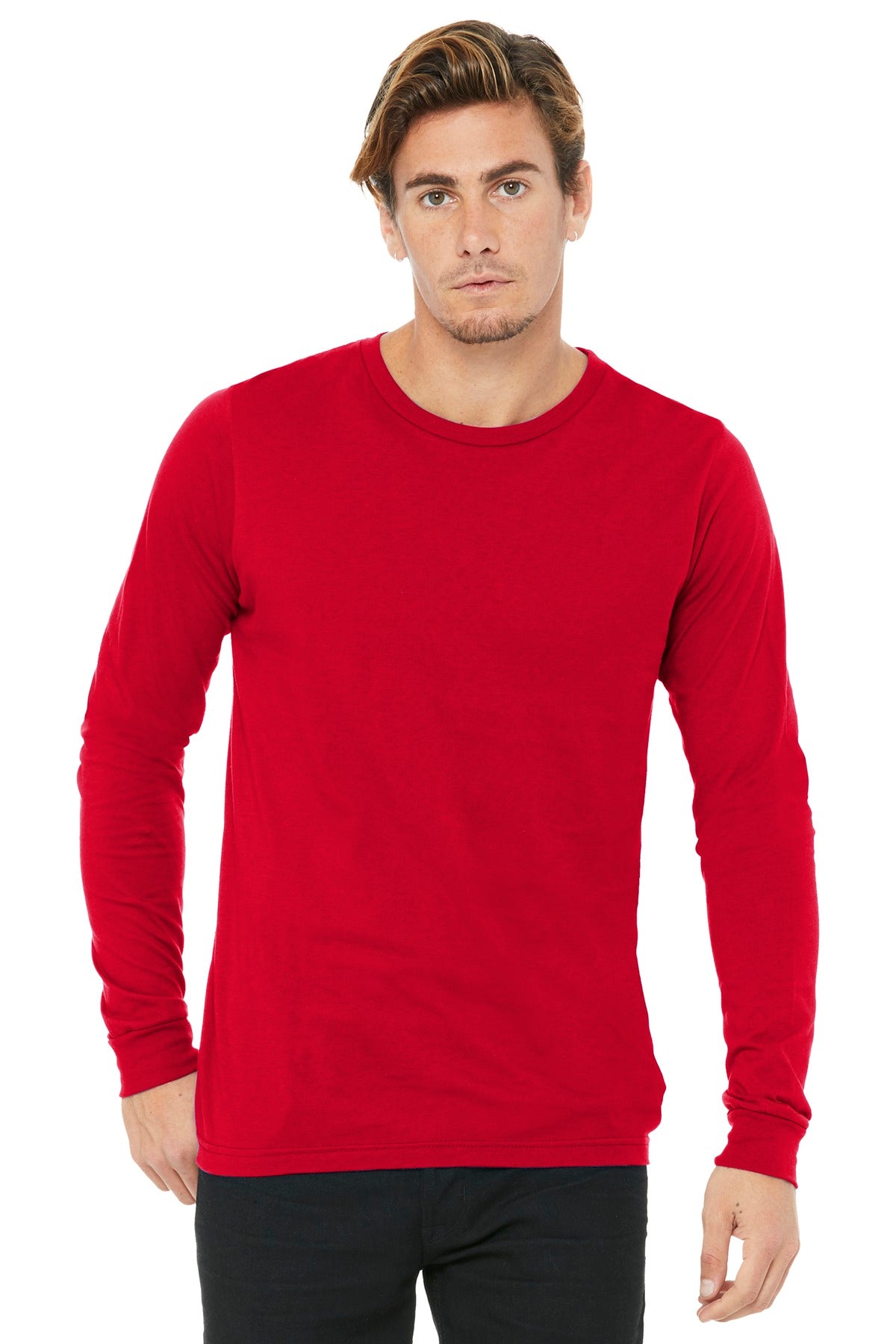 Front View of Red BELLA+CANVAS Unisex Jersey Long Sleeve Tee. BC3501 plain