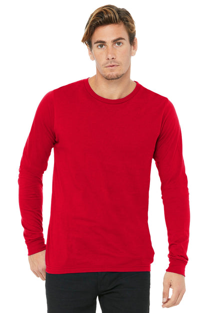 Front View of Red BELLA+CANVAS Unisex Jersey Long Sleeve Tee. BC3501 plain