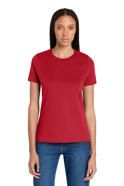 Front View of Red BELLA+CANVAS Women's Relaxed Jersey Short Sleeve Tee. BC6400 plain