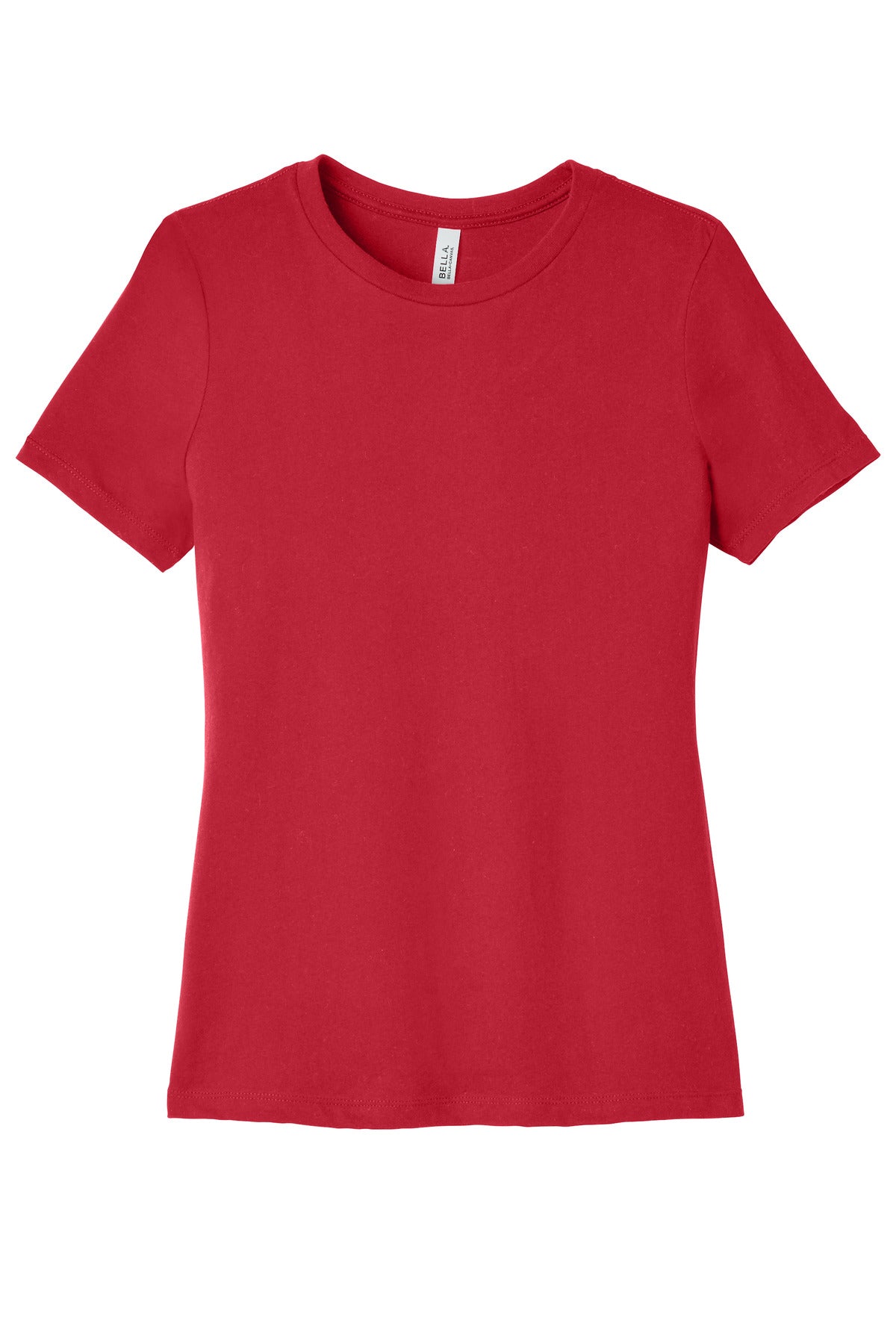 Front View of Red BELLA+CANVAS Women's Relaxed Jersey Short Sleeve Tee. BC6400 plain