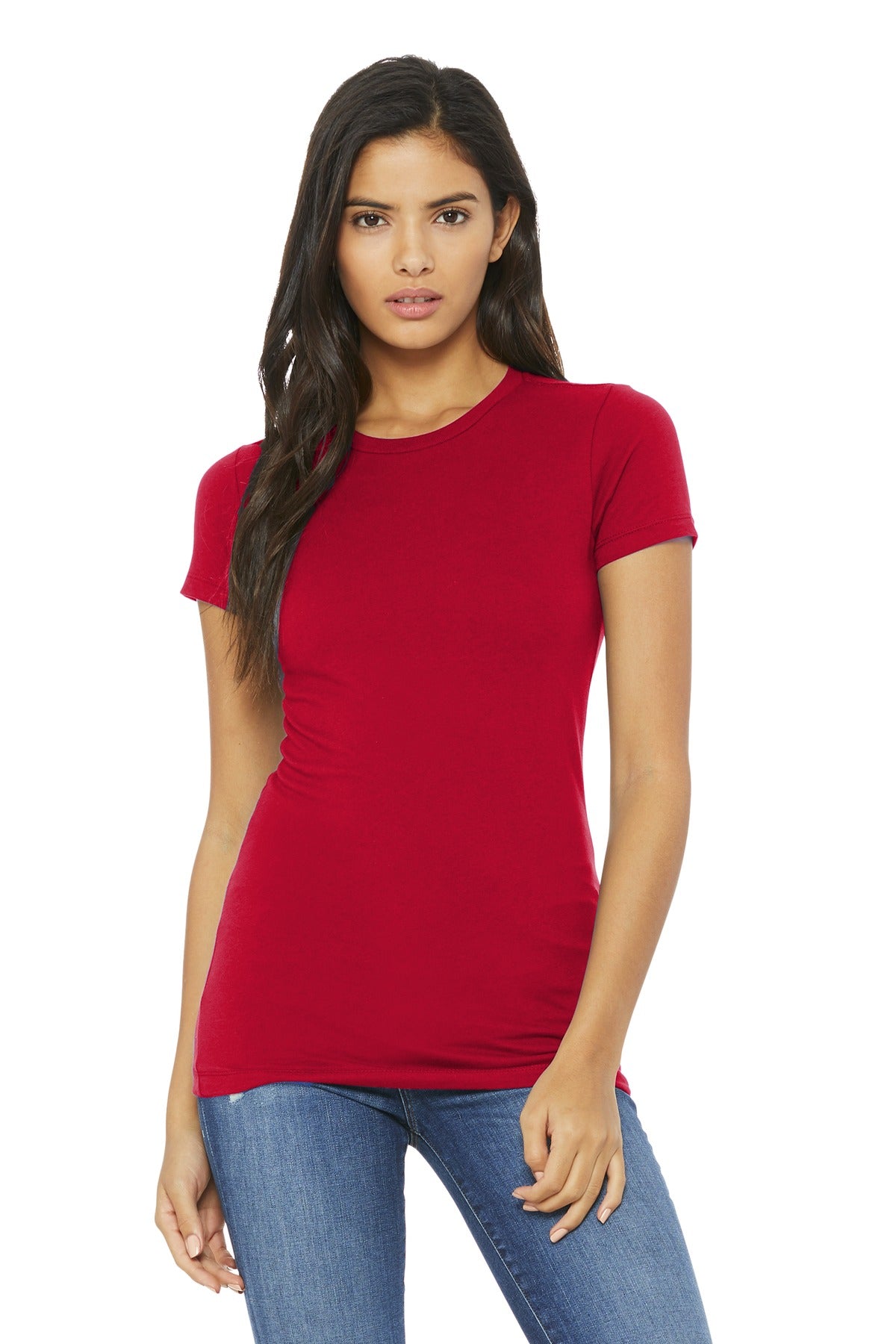 Front View of Red BELLA+CANVAS Women's Slim Fit Tee. BC6004 plain