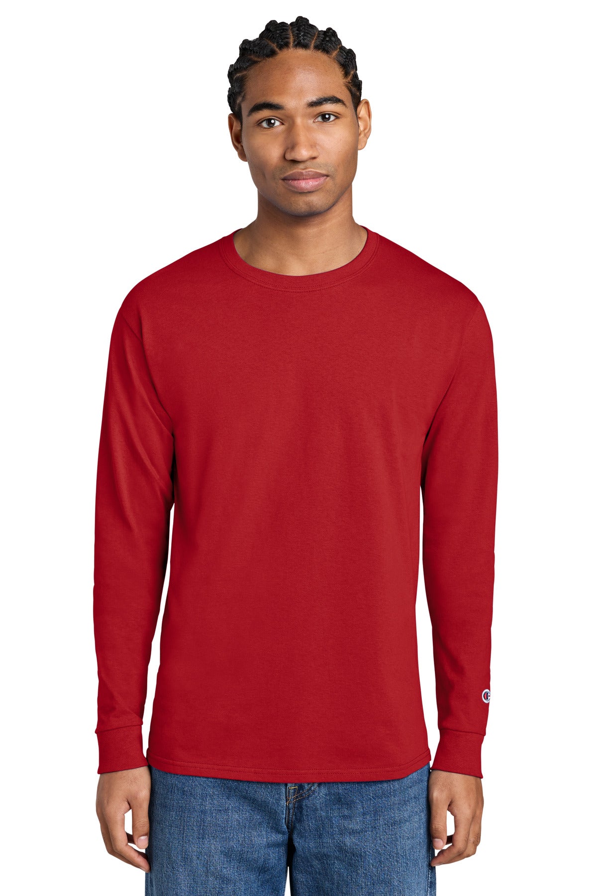 Front View of Red Champion Heritage 5.2-Oz Jersey Long Sleeve Tee CC8C plain