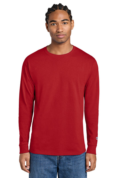 Front View of Red Champion Heritage 5.2-Oz Jersey Long Sleeve Tee CC8C plain