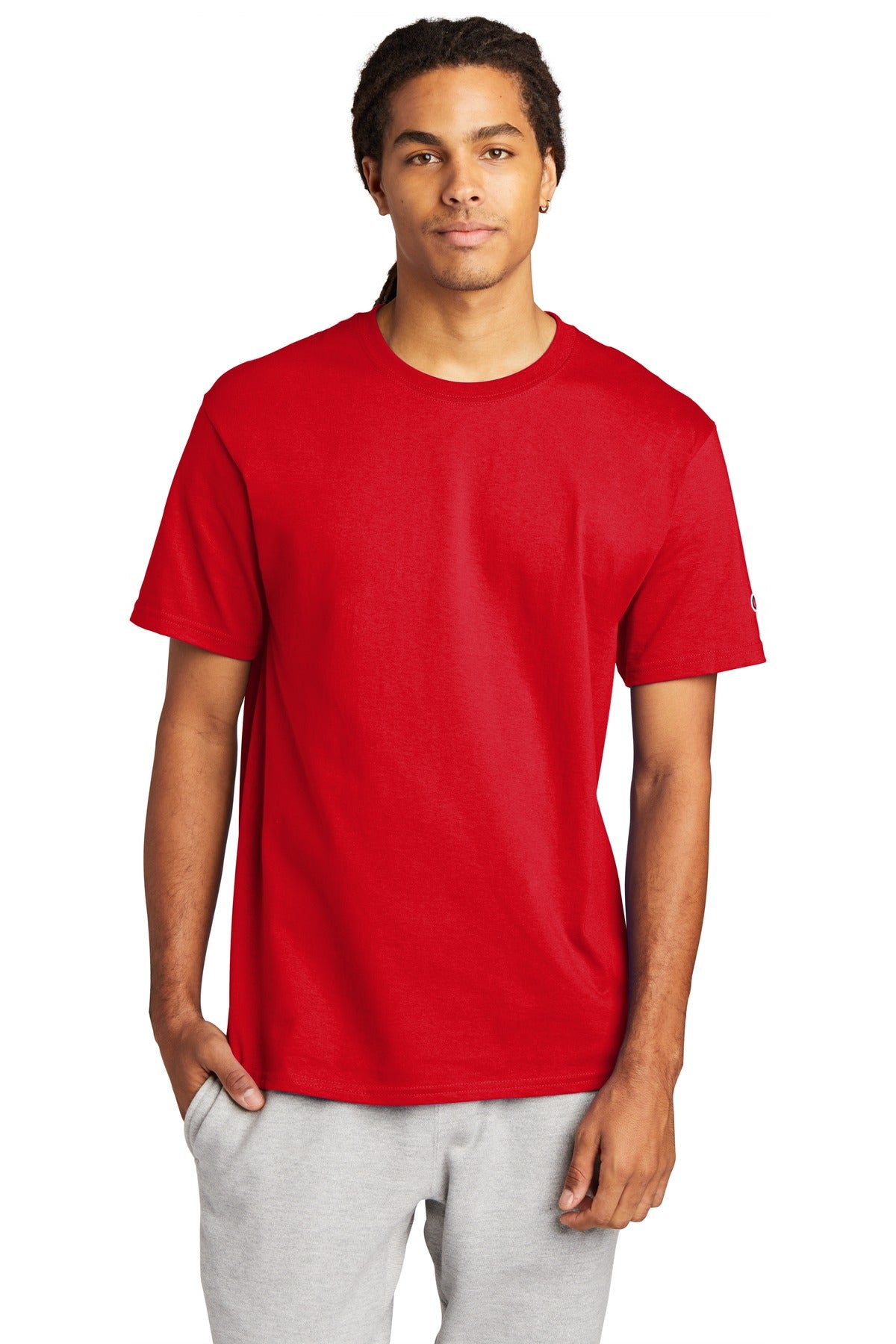 Front View of Red Champion Heritage 6-Oz. Jersey Tee T425 plain