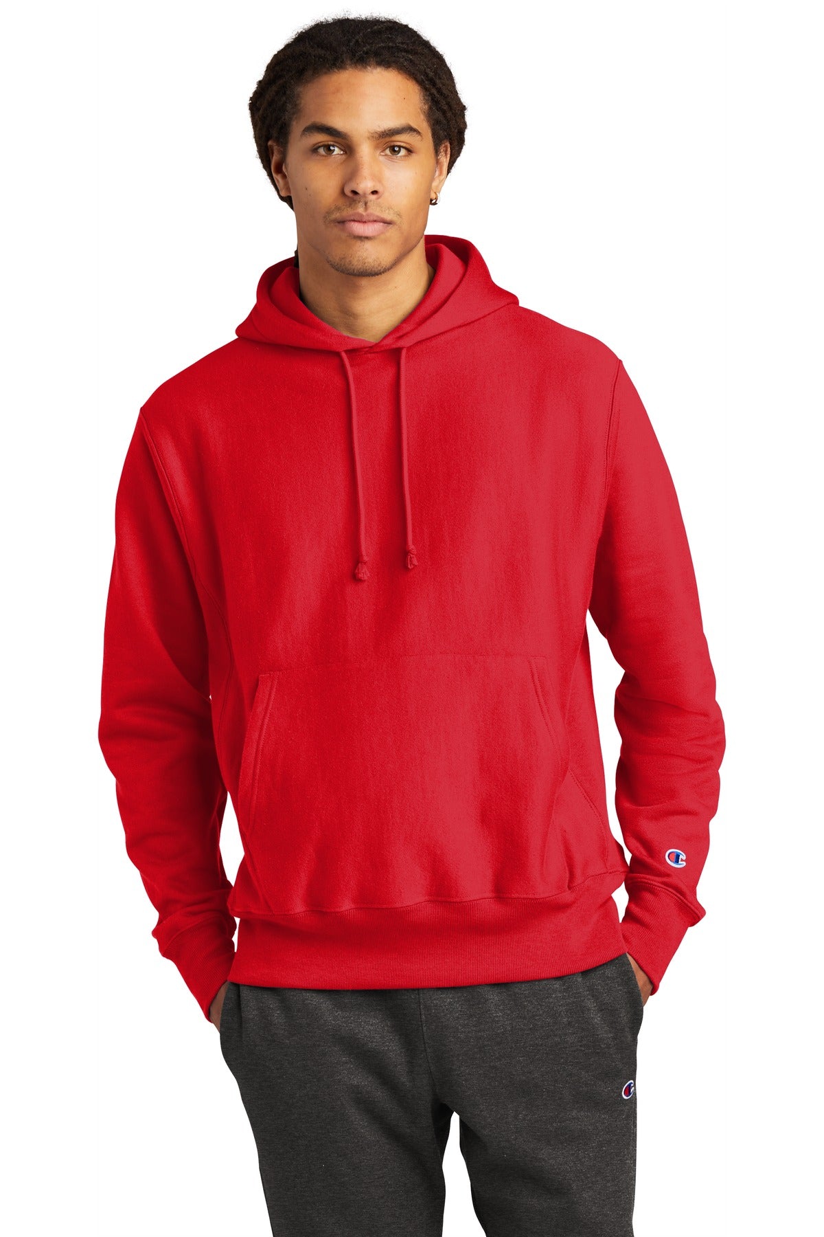 Front View of Red Champion Reverse Weave Hooded Sweatshirt S101 plain