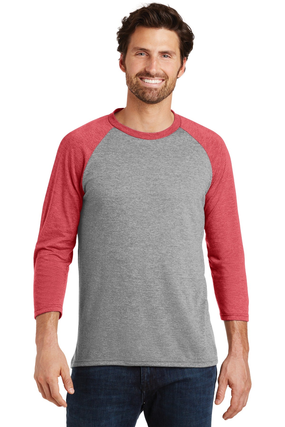 Front View of Red Fr/Grey Fr District Perfect Tri 3/4-Sleeve Raglan. DM136 plain