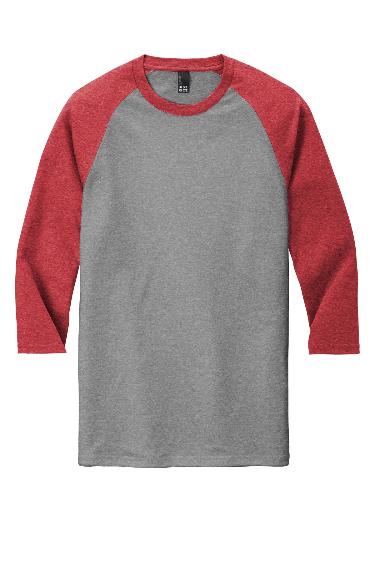 Front View of Red Fr/Grey Fr District Perfect Tri 3/4-Sleeve Raglan. DM136 plain