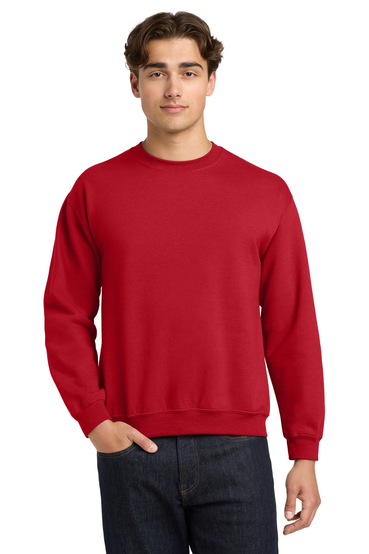 Front View of Red Gildan Heavy Blend Crewneck Sweatshirt. 18000 plain