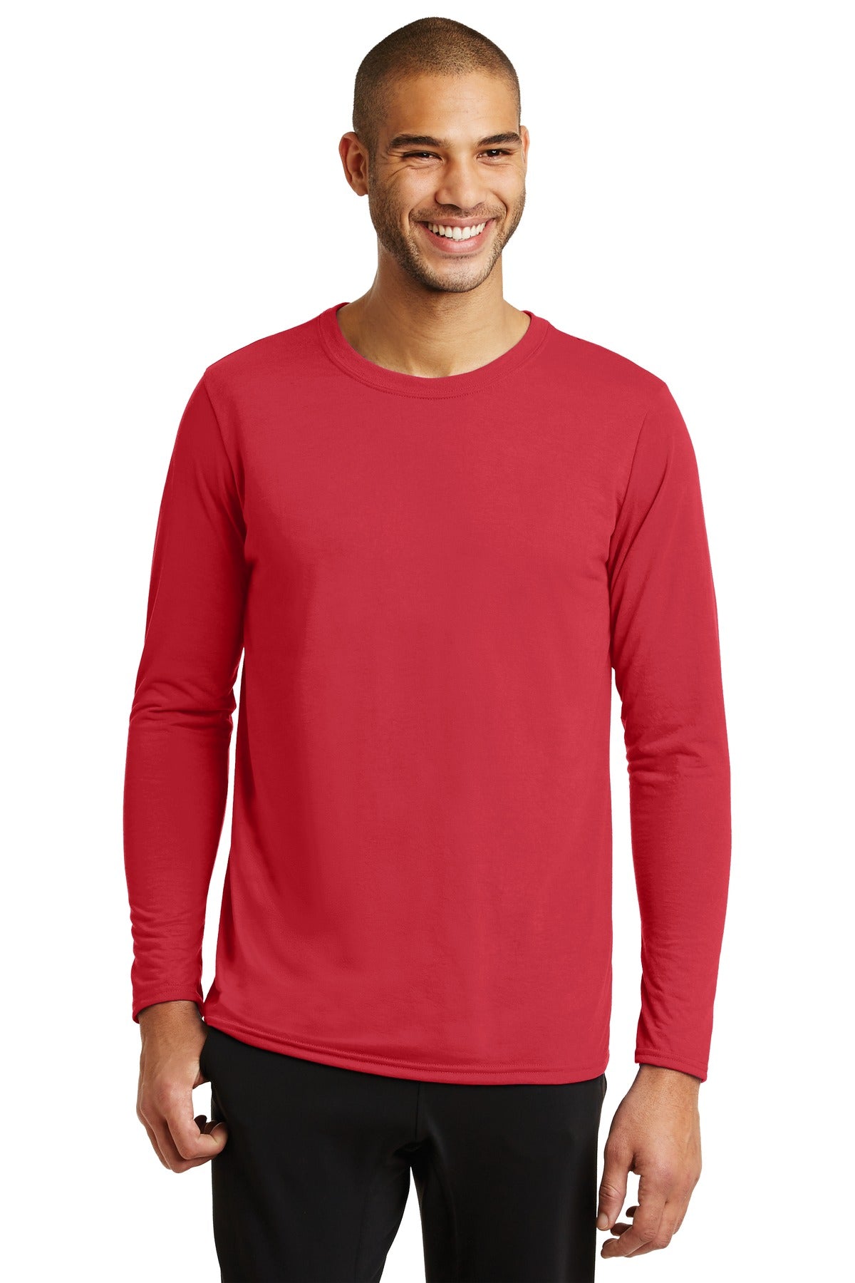 Front View of Red Gildan Performance Long Sleeve T-Shirt. 42400 plain