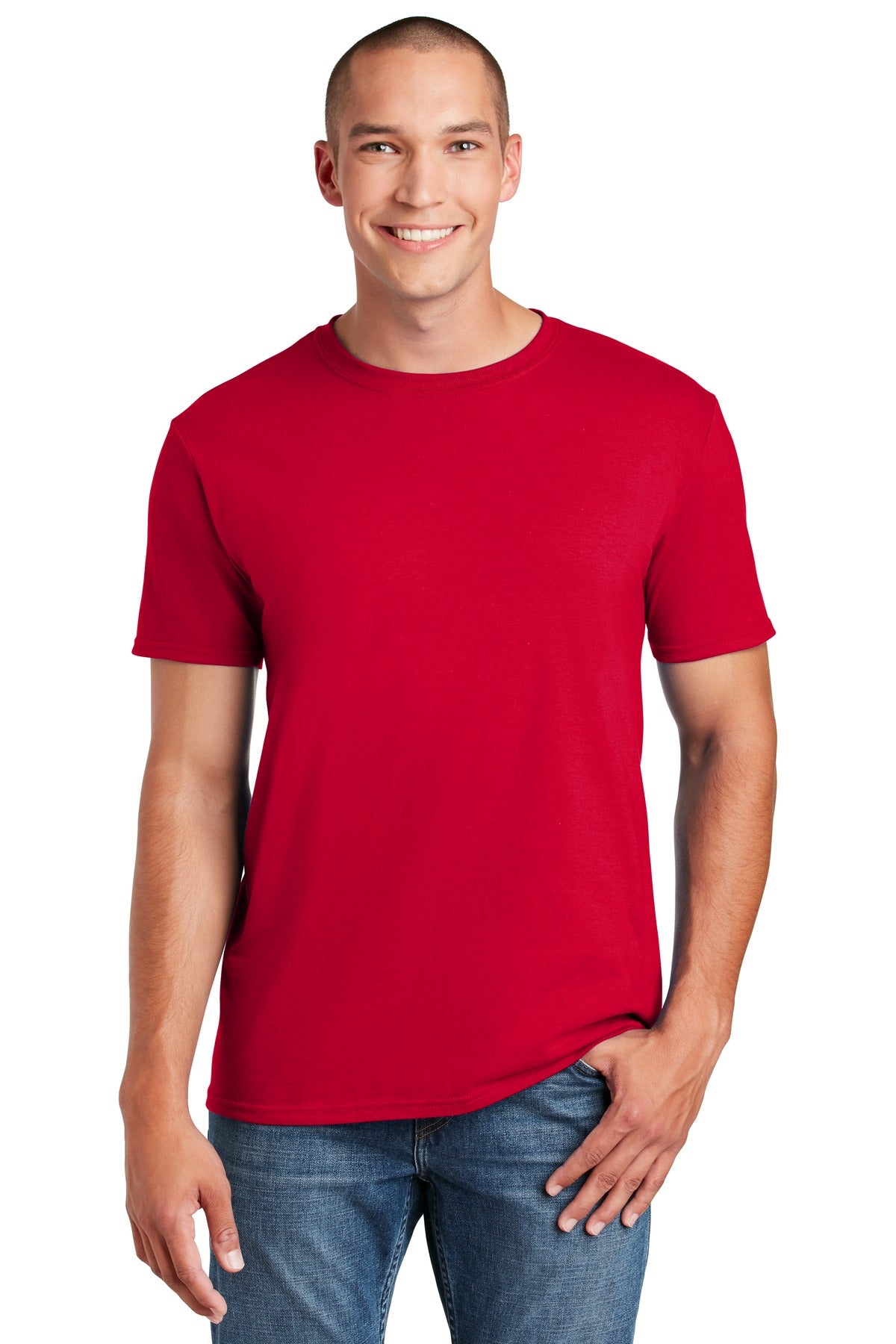 Front View of Red Gildan Softstyle T-Shirt. 64000 plain