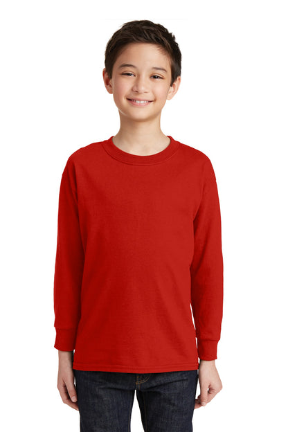 Front View of Red Gildan Youth Heavy Cotton 100% Cotton Long Sleeve T-Shirt. 5400B plain