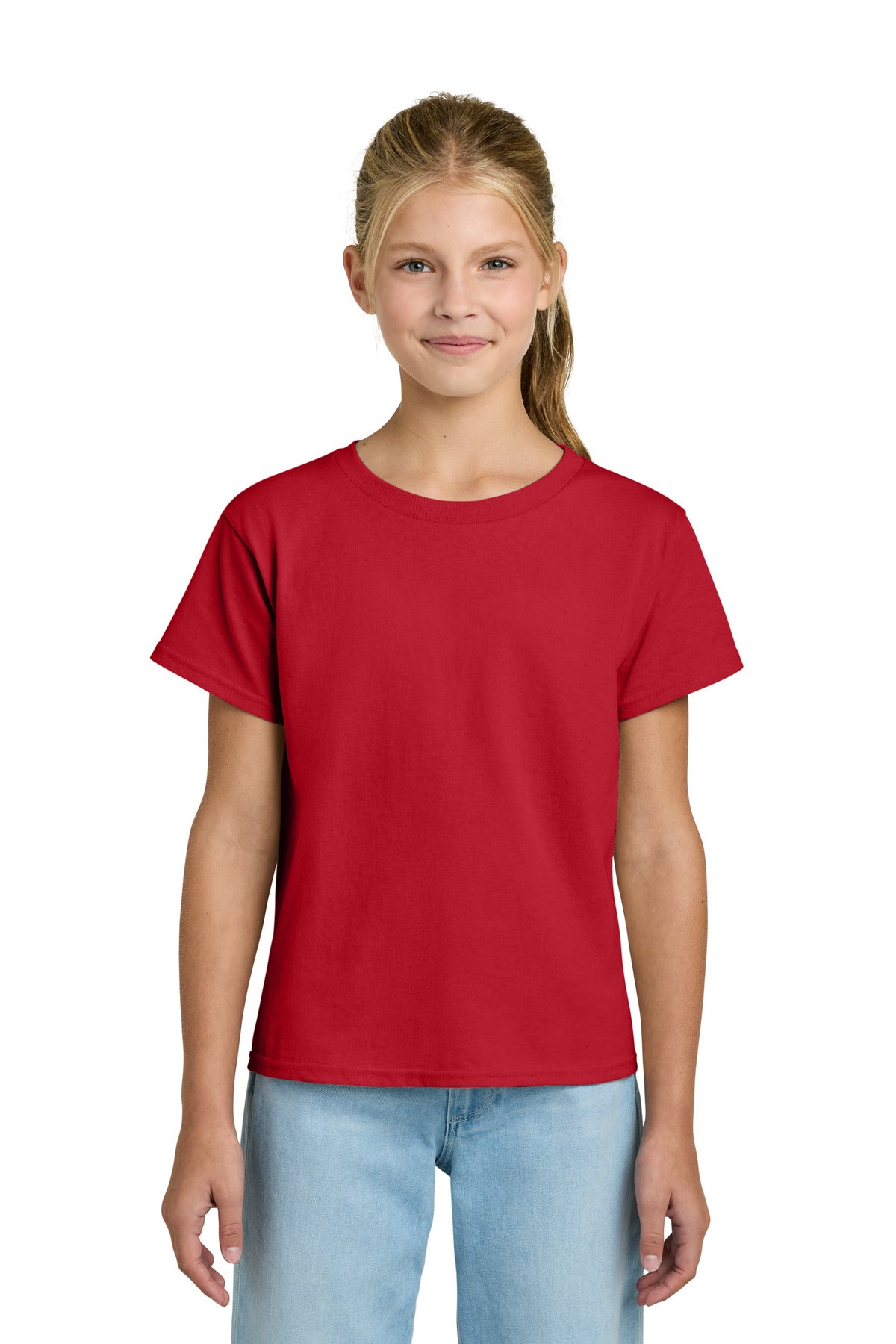 Front View of Red Gildan Youth Light Cotton Tee 3000B plain