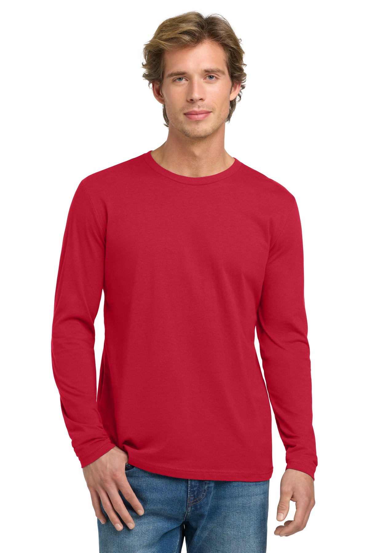 Front View of Red Next Level Apparel Cotton Long Sleeve Tee. NL3601 plain
