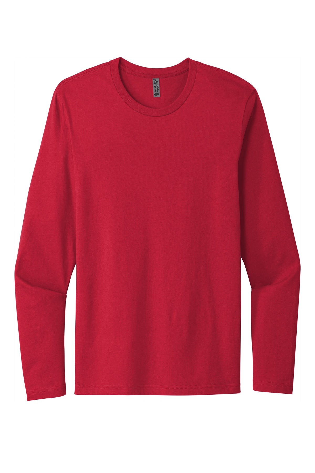 Front View of Red Next Level Apparel Cotton Long Sleeve Tee. NL3601 plain