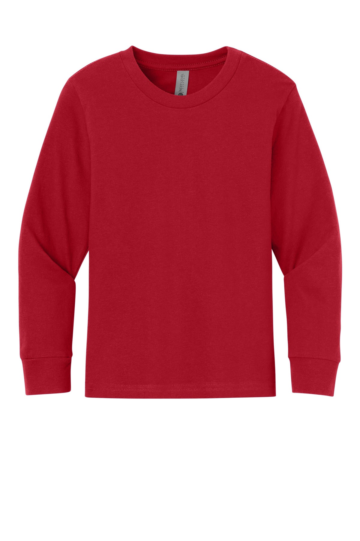 Front View of Red Next Level Apparel Youth Cotton Long Sleeve Tee NL3311 plain