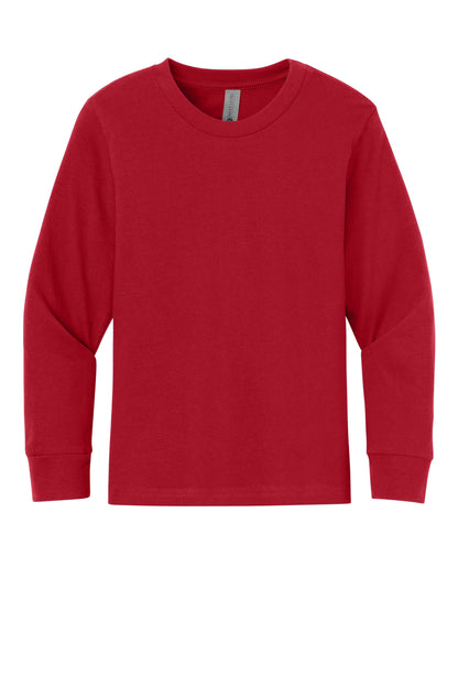 Front View of Red Next Level Apparel Youth Cotton Long Sleeve Tee NL3311 plain