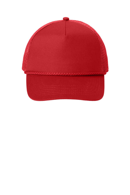 Front View of Red Port Authority 5-Panel Snapback Cap. C932 plain