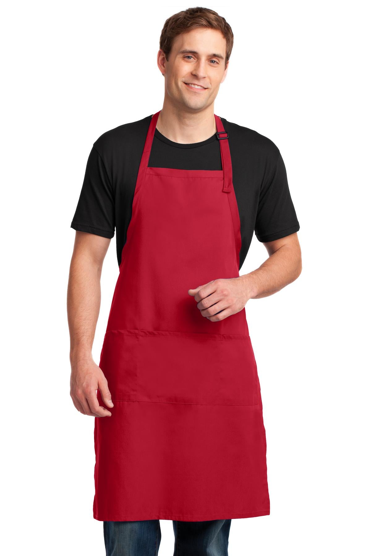 Front View of Red Port Authority Easy Care Extra Long Bib Apron with Stain Release. A700 plain