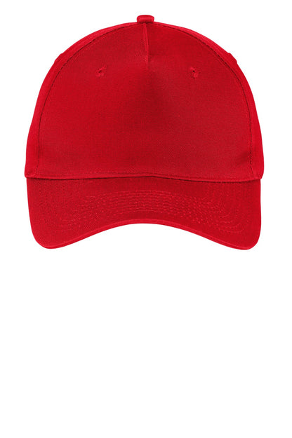 Front View of Red Port Authority Five-Panel Twill Cap. CP86