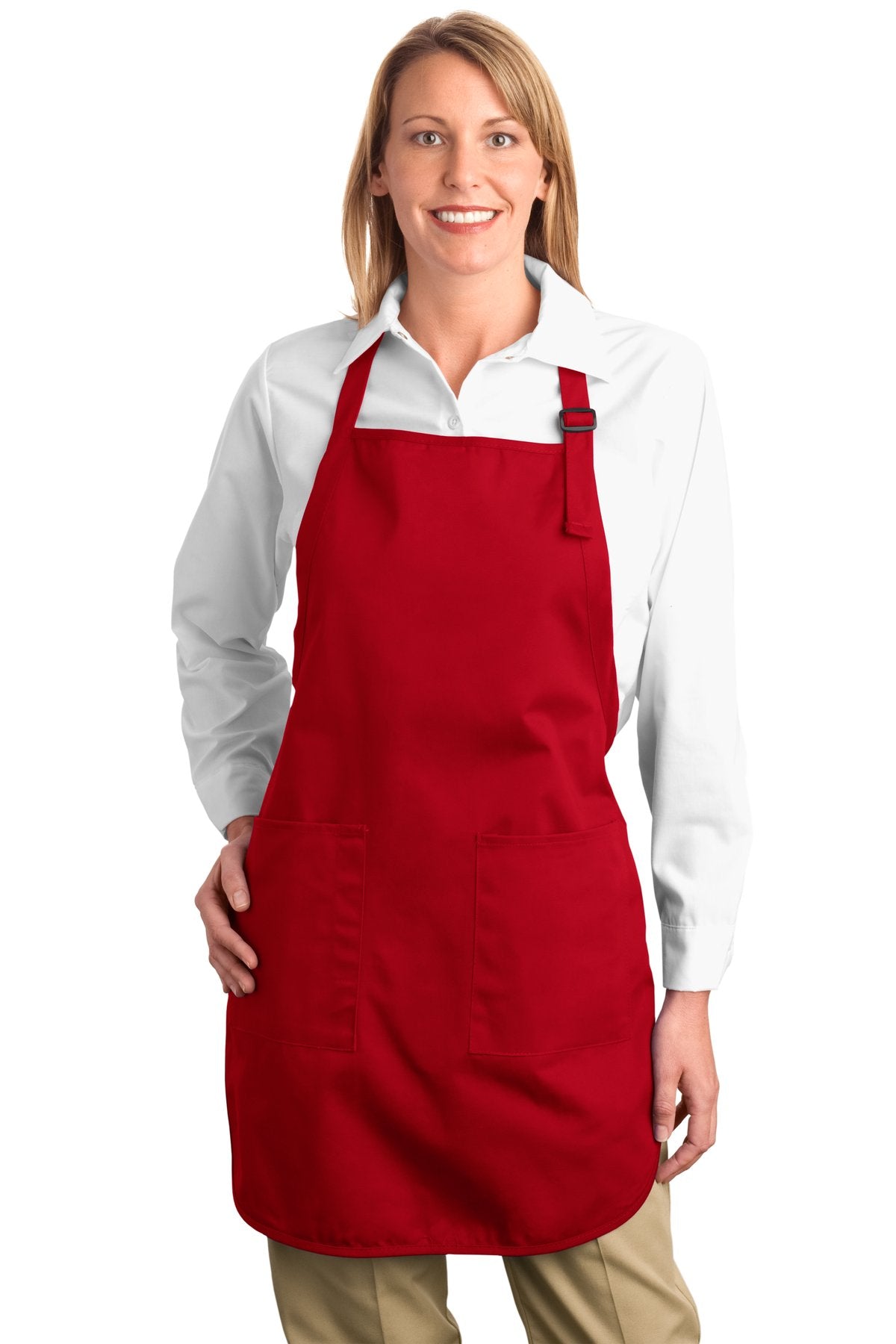 Front View of Red Port Authority Full-Length Apron with Pockets. A500 plain