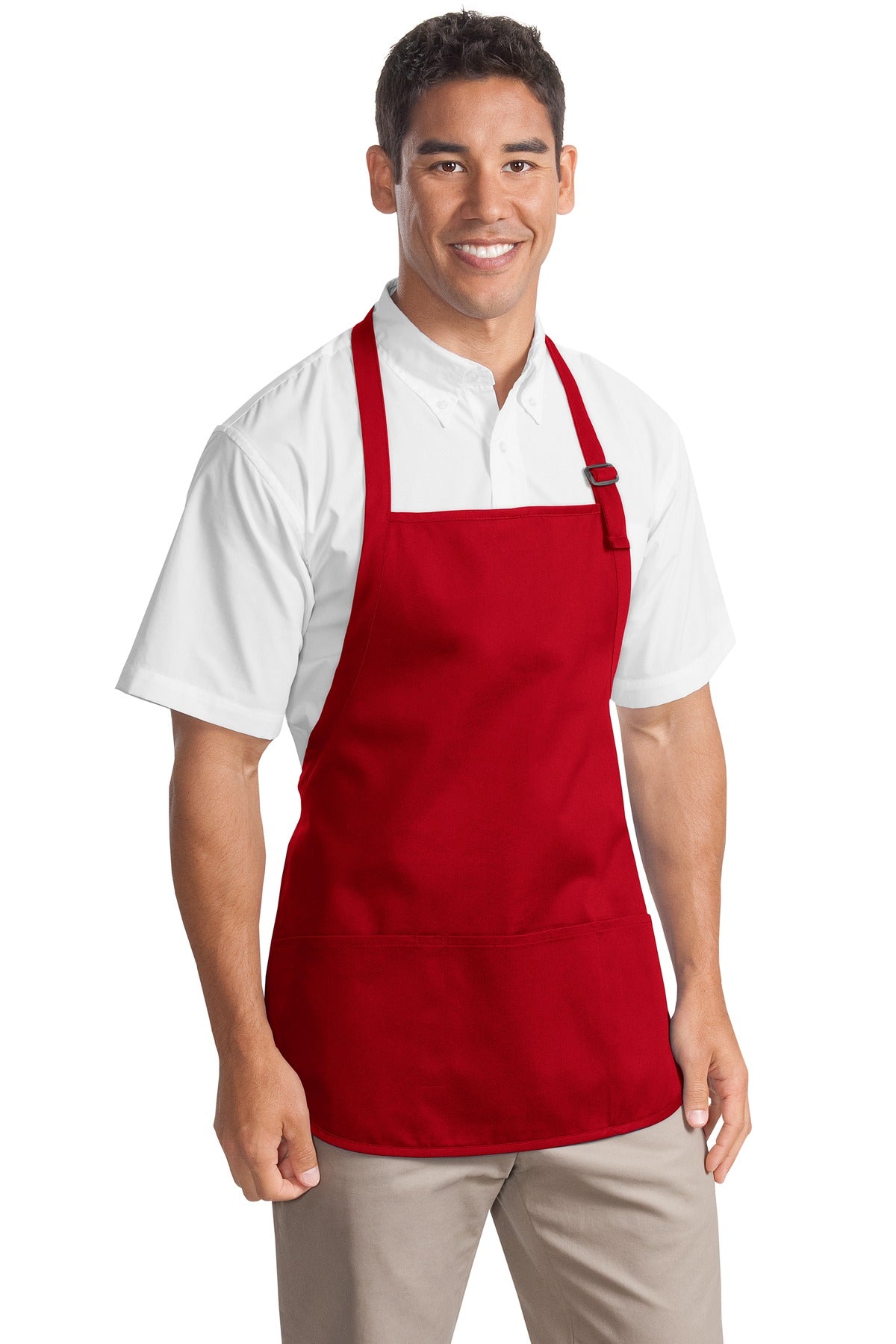 Front View of Red Port Authority Medium-Length Apron with Pouch Pockets. A510 plain