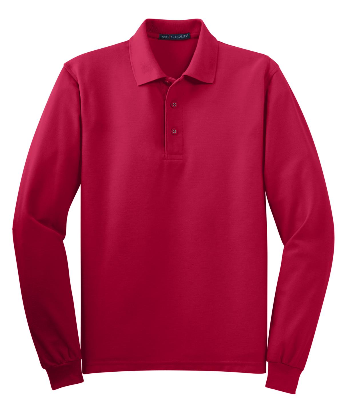 Front View of Red Port Authority Silk Touch Long Sleeve Polo. K500LS plain
