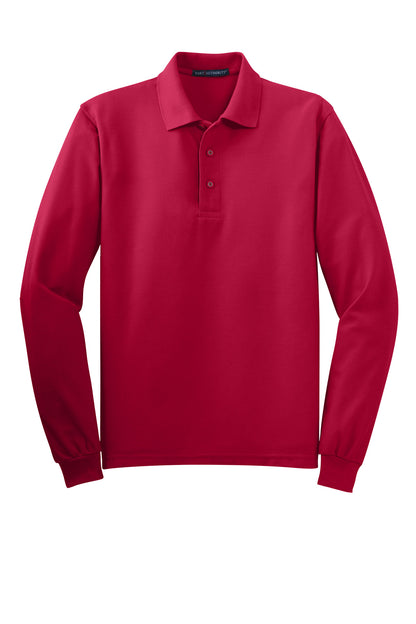 Front View of Red Port Authority Silk Touch Long Sleeve Polo. K500LS