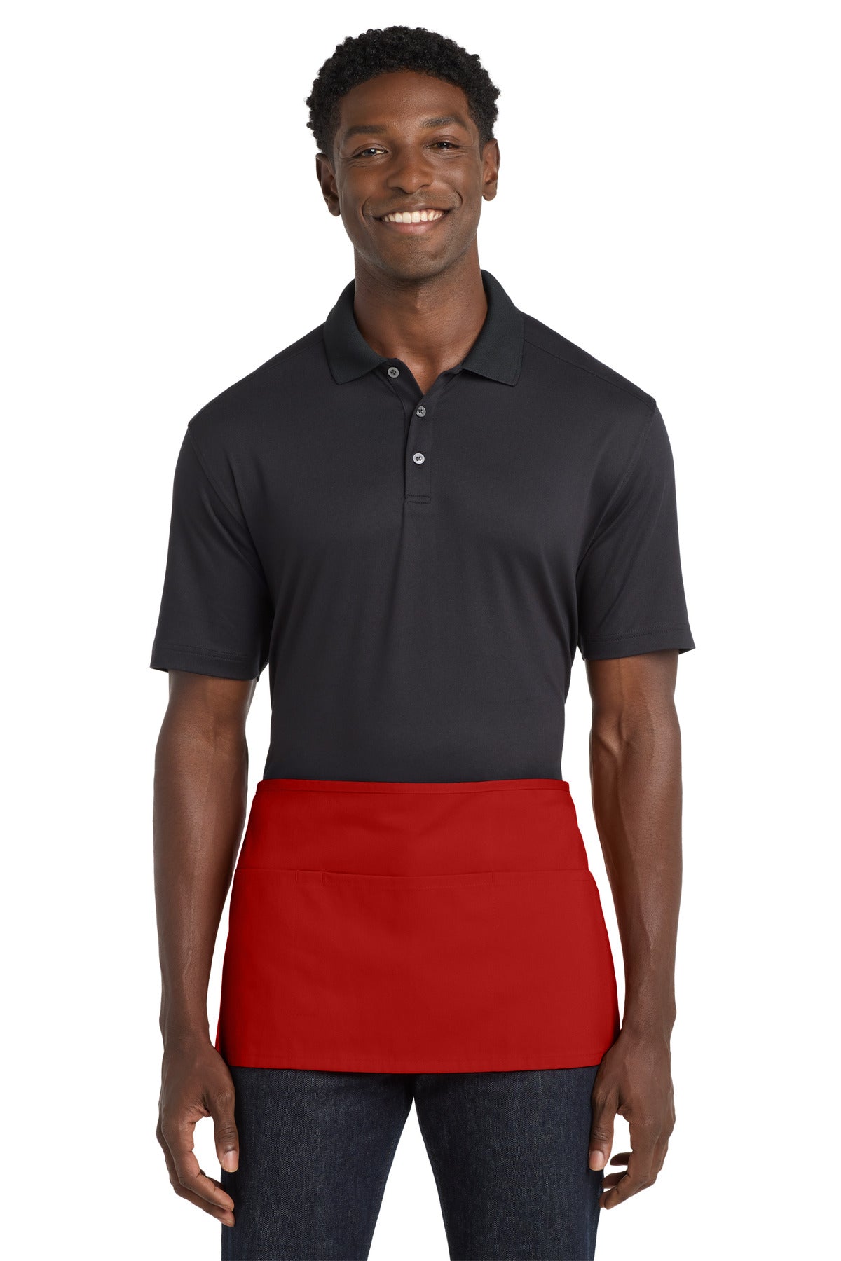 Front View of Red Port Authority Waist Apron with Pockets. A515 plain