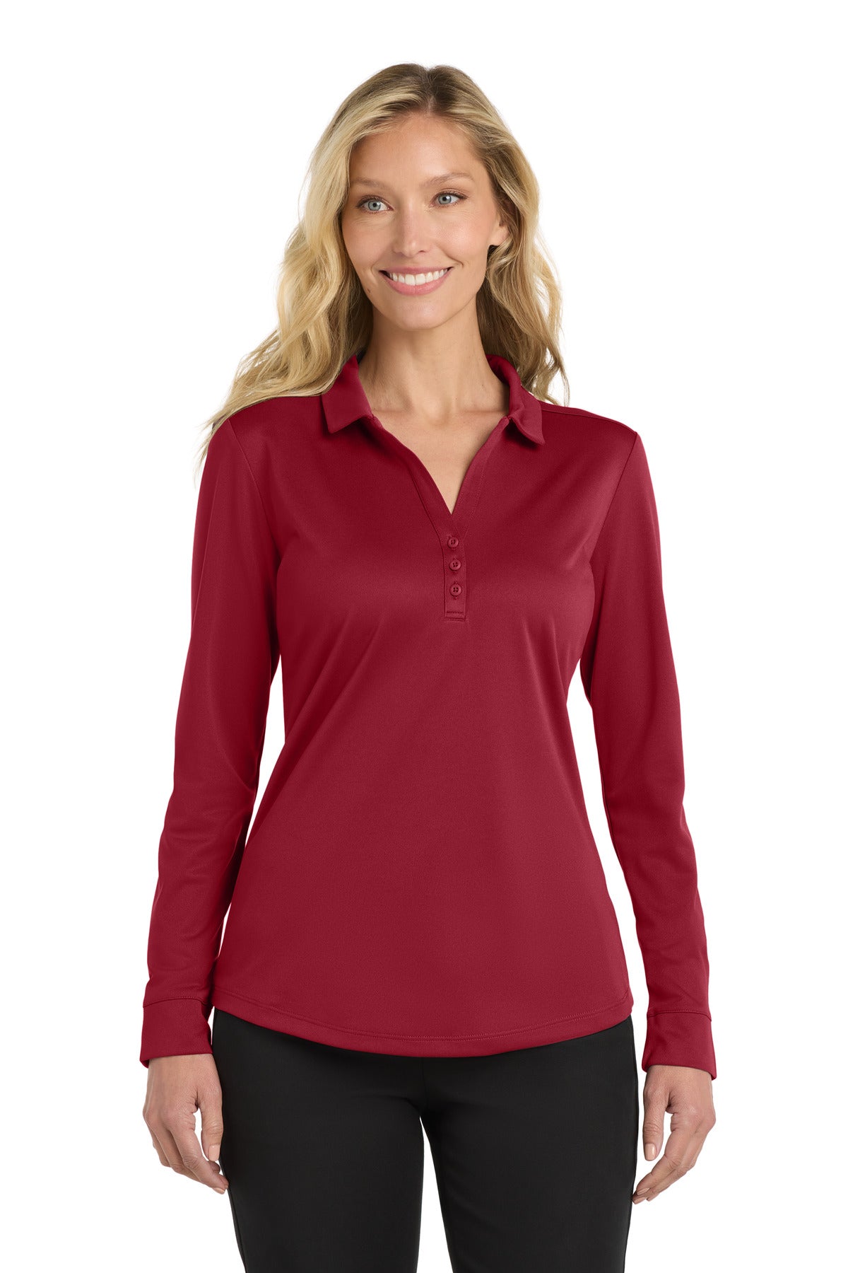 Front View of Red Port Authority Women's Silk Touch Performance Long Sleeve Polo. L540LS plain