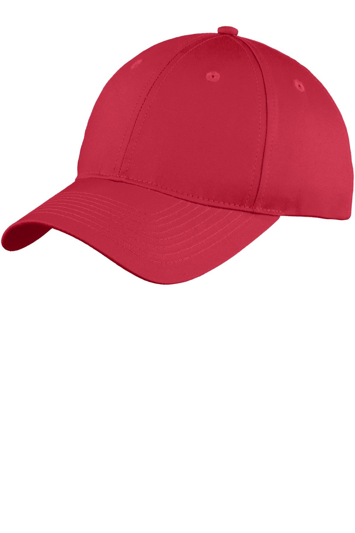 Front View of Red Port Authority Youth Six-Panel Unstructured Twill Cap. YC914 plain