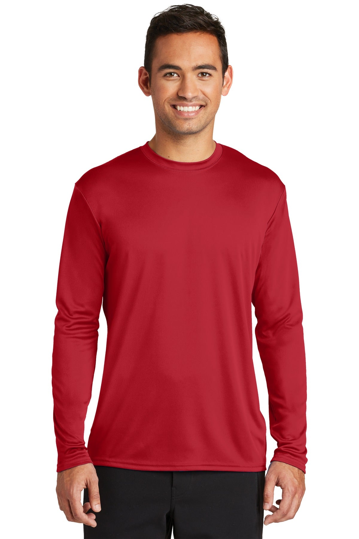 Front View of Red Port & Co Long Sleeve Performance Tee. PC380LS plain