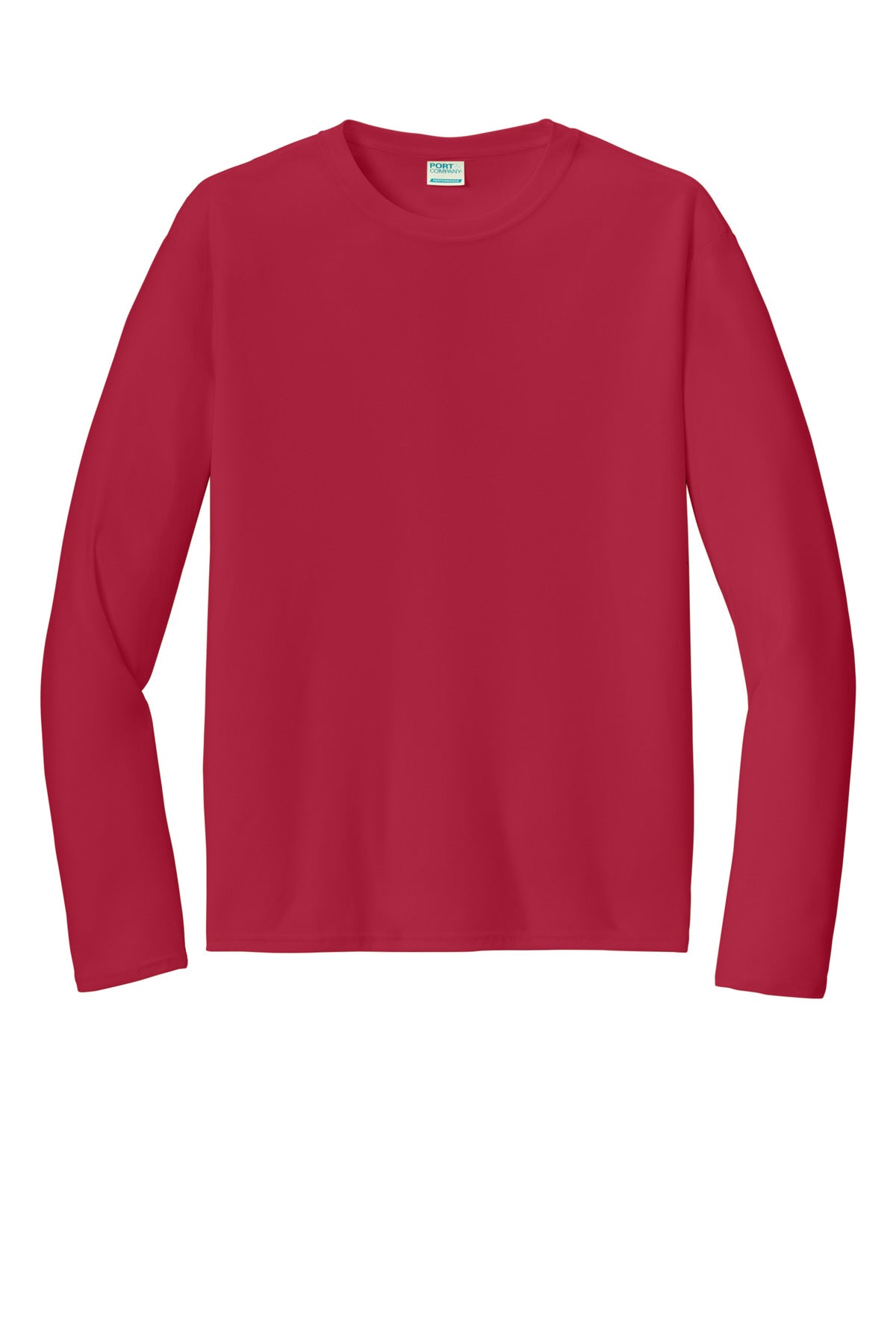 Front View of Red Port & Co Long Sleeve Performance Tee. PC380LS plain