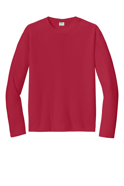 Front View of Red Port & Co Long Sleeve Performance Tee. PC380LS plain