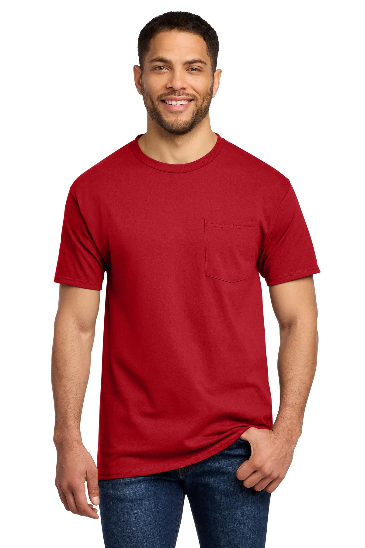 Front View of Red Port & Co Tall Essential Pocket Tee. PC61PT plain