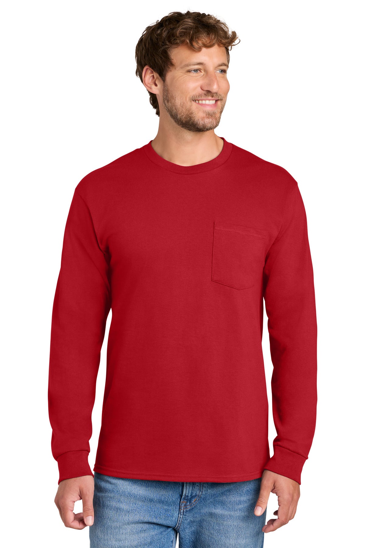 Front View of Red Port & Co Tall Long Sleeve Essential Pocket Tee. PC61LSPT plain