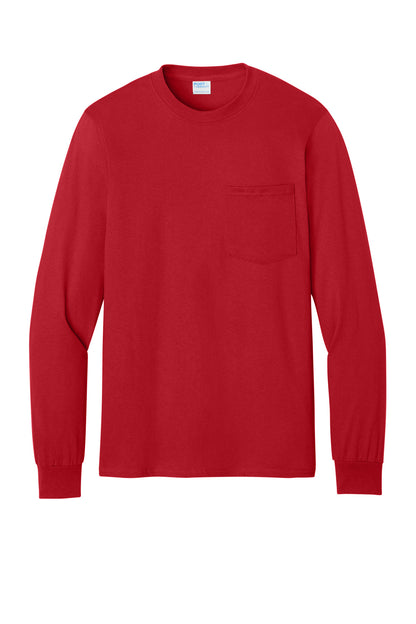 Front View of Red Port & Co Tall Long Sleeve Essential Pocket Tee. PC61LSPT plain