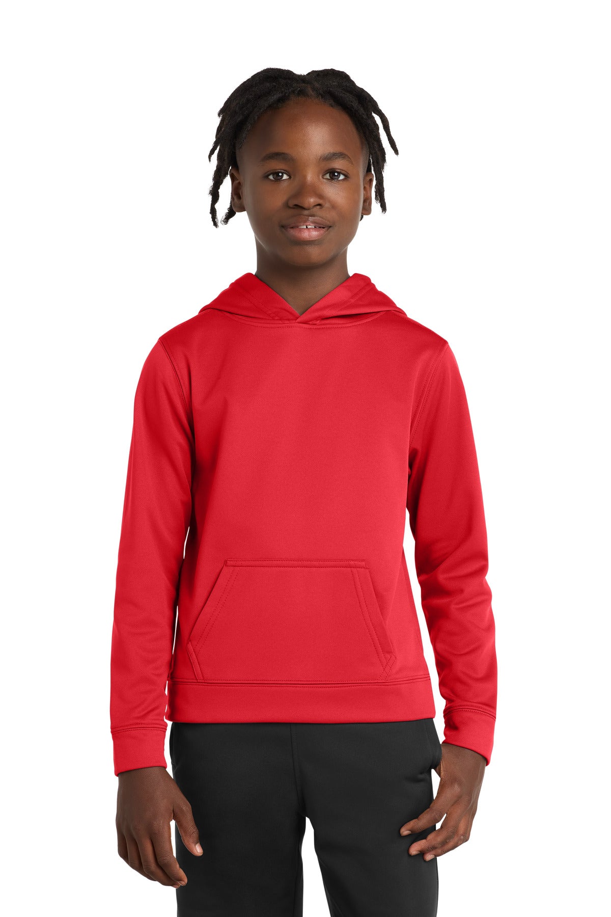 Front View of Red Port & Co Youth Performance Fleece Pullover Hooded Sweatshirt. PC590YH plain