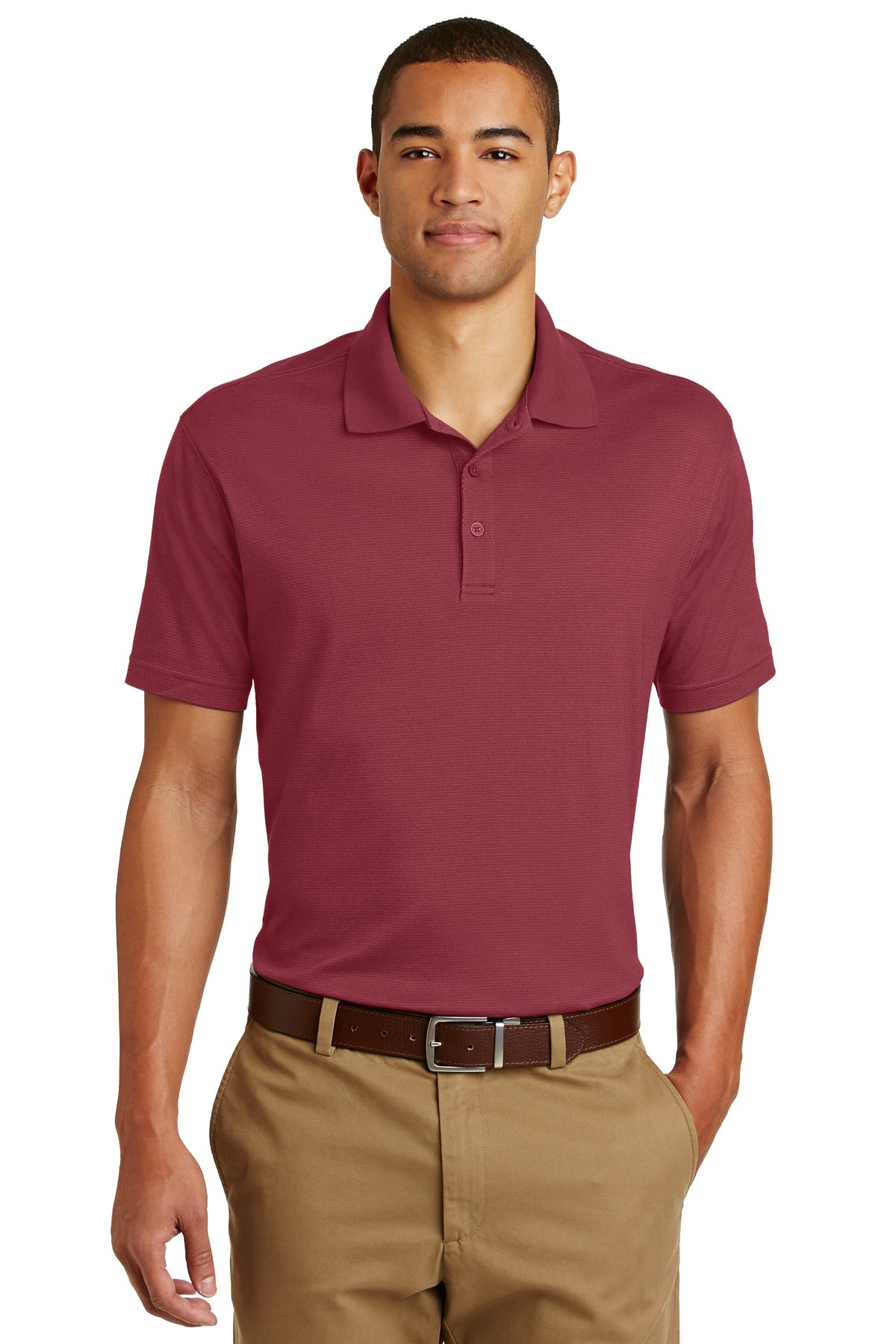 Front View of Red Rhubarb Eddie Bauer Performance Polo. EB102 plain