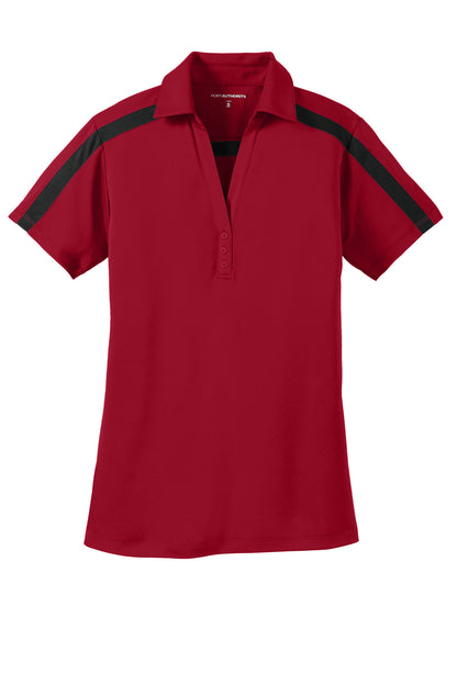 Front View of Red/Black Port Authority Women's Silk Touch Performance Colorblock Stripe Polo. L547 plain