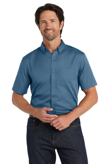 Front View of RgttaBlue Port Authority Short Sleeve SuperPro React Twill Shirt. W809 plain