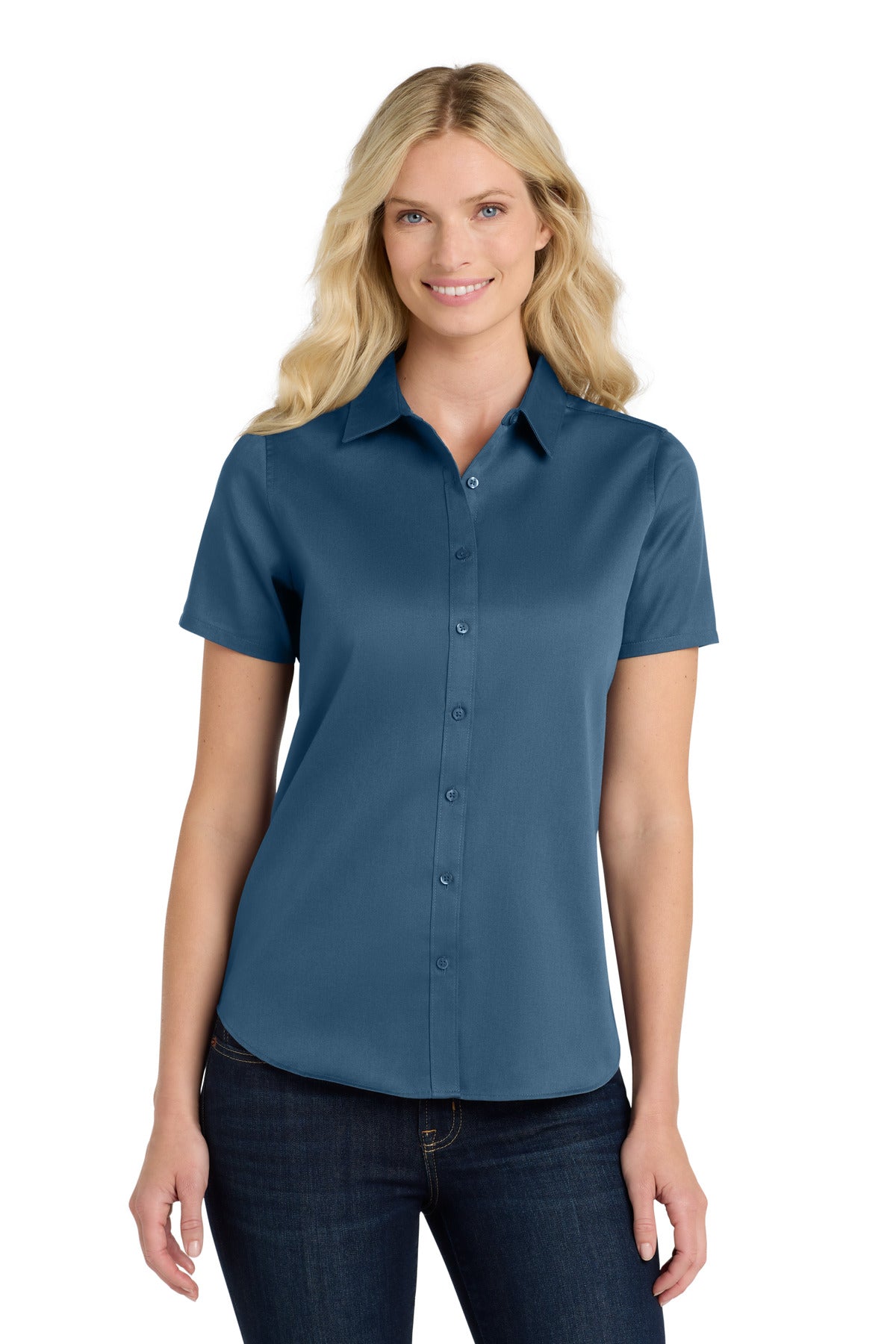 Front View of RgttaBlue Port Authority Women's Short Sleeve SuperPro React Twill Shirt. LW809 plain