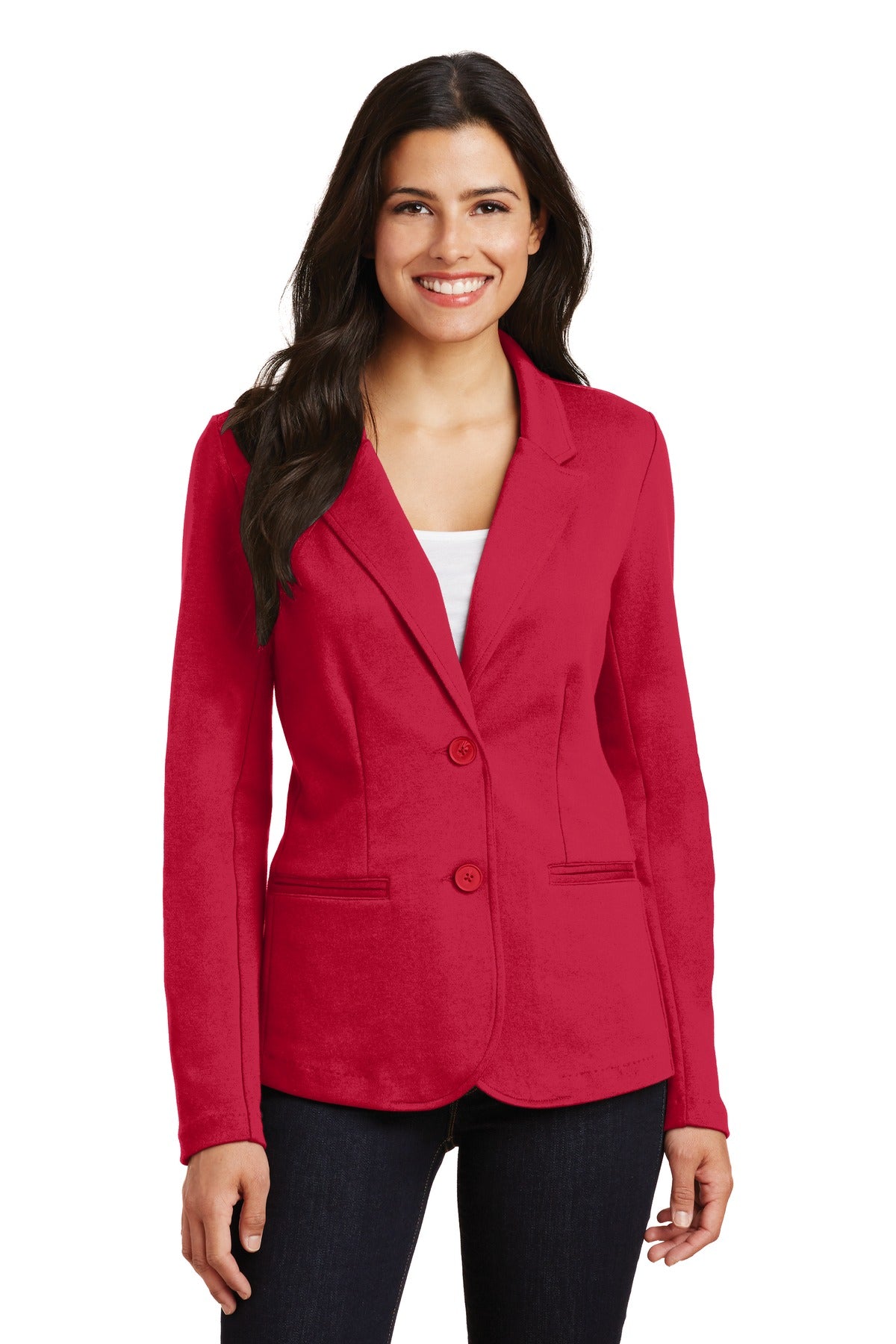 Front View of Rich Red Port Authority Women's Knit Blazer. LM2000 plain