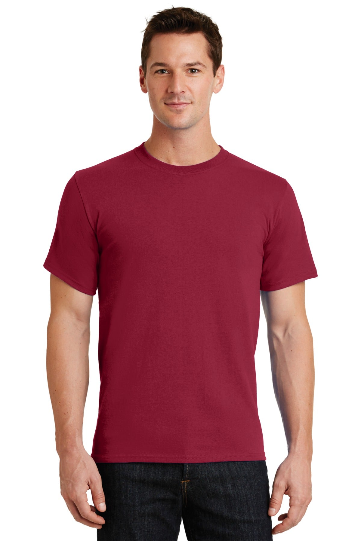 Front View of Rich Red Port & Co Essential Tee. PC61 plain