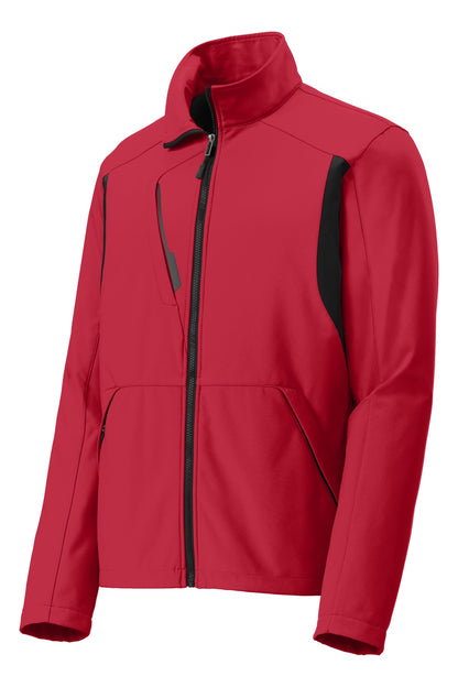 Front View of Rich Red/Black Port Authority Back-Block Soft Shell Jacket. J336 plain