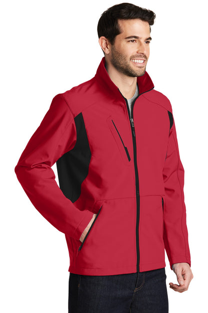 Front View of Rich Red/Black Port Authority Back-Block Soft Shell Jacket. J336 plain